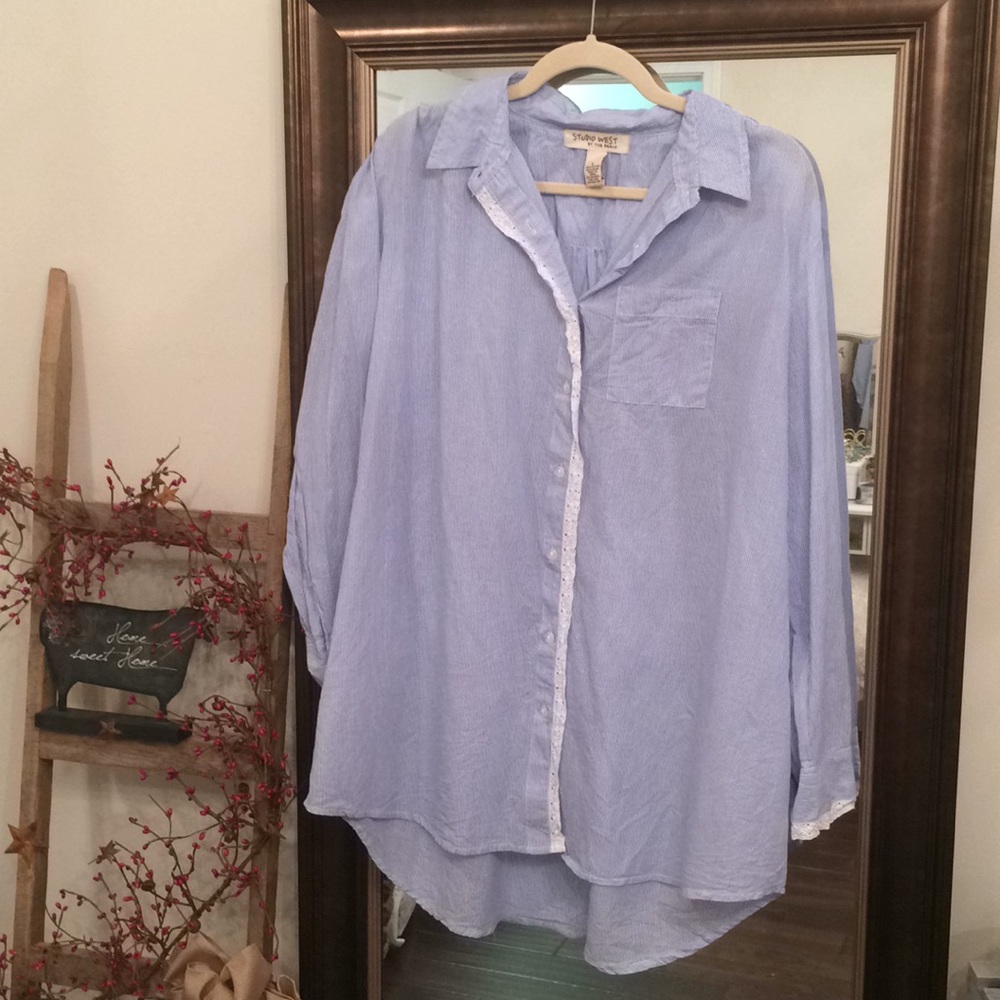 Blue And White Stripe Top With Lace Detail